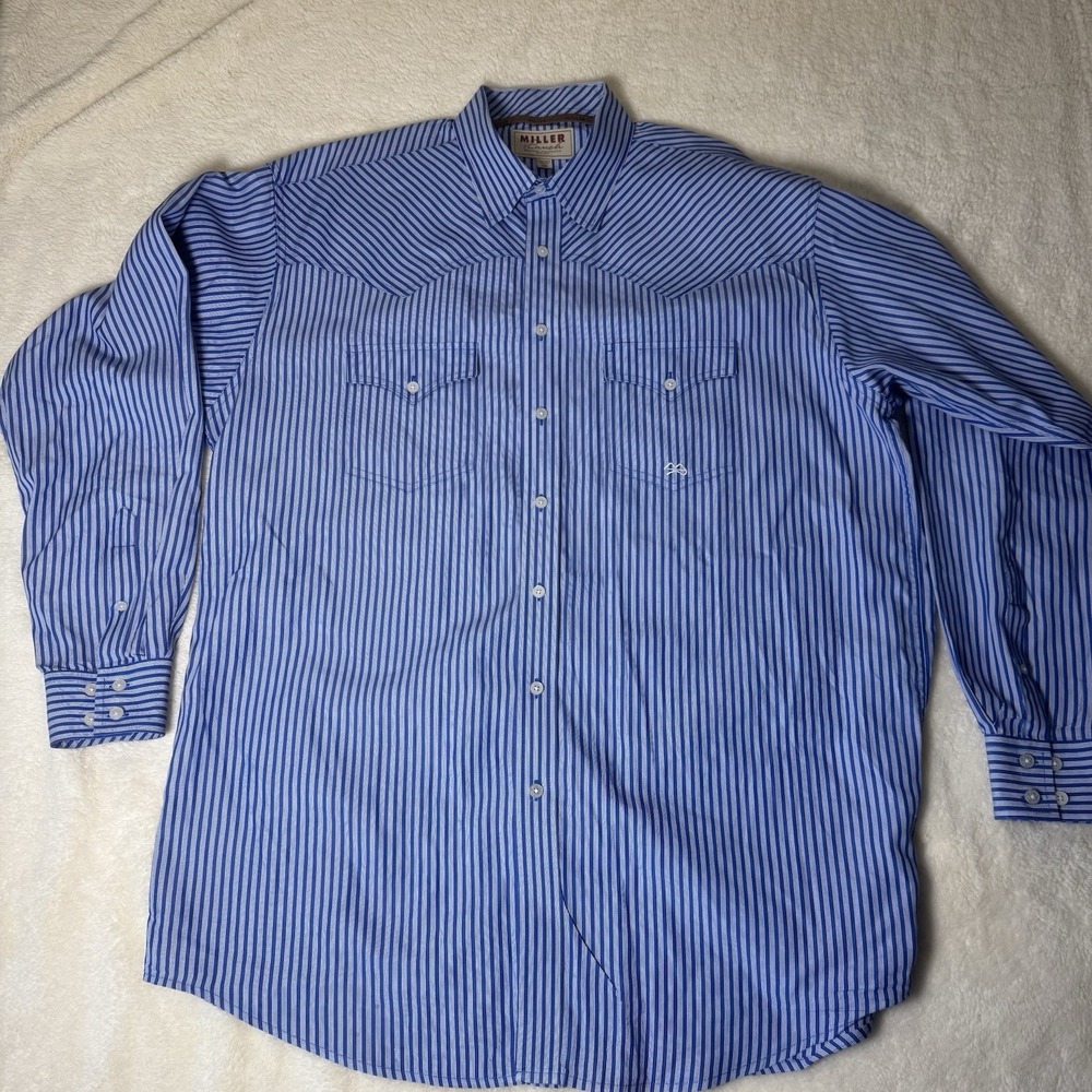 Miller Ranch Western Shirt XXL Blue White Stripe Pearl Snap Cotton Cowboy